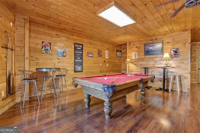 recreation room with a ceiling fan, billiards, wood finished floors, and wood ceiling