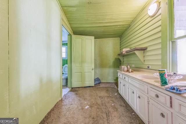 bathroom featuring vanity, toilet, and wood ceiling