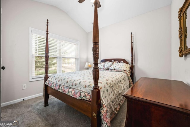 bedroom featuring carpet floors, ceiling fan, baseboards, and vaulted ceiling