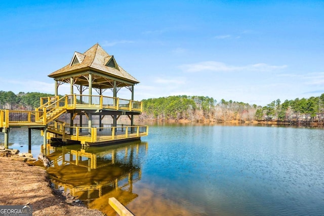 dock area featuring a gazebo and a water view