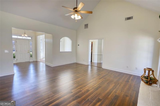 915 Cruce Lake Dr, Hoschton, GA 30548 - unfurnished living room with visible vents, baseboards, wood finished floors, and a ceiling fan