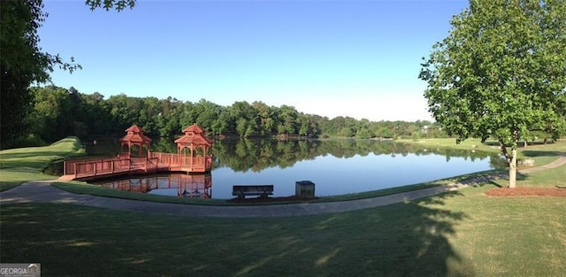 915 Cruce Lake Dr, Hoschton, GA 30548 - exterior space with a gazebo, a lawn, and a water view