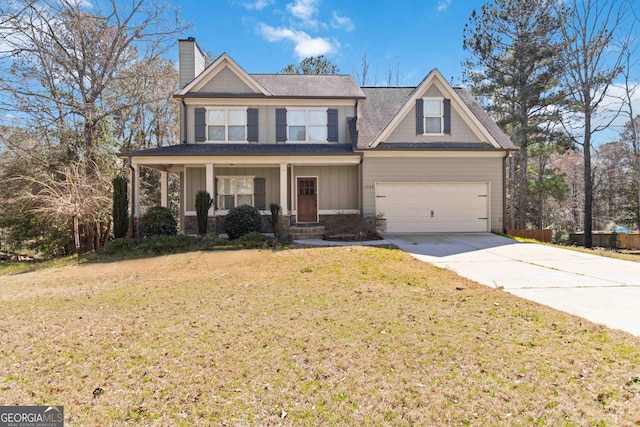 craftsman-style home featuring concrete driveway, covered porch, a front yard, and a chimney