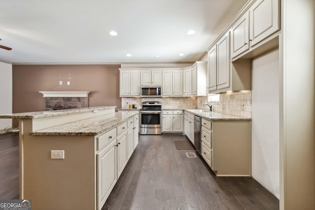 kitchen featuring a sink, decorative backsplash, dark wood-style floors, and stainless steel appliances