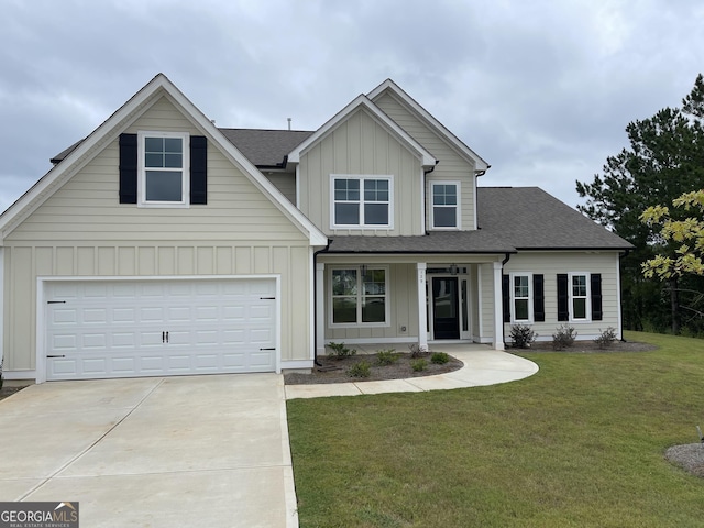 view of front of property with a garage, board and batten siding, concrete driveway, and a front yard