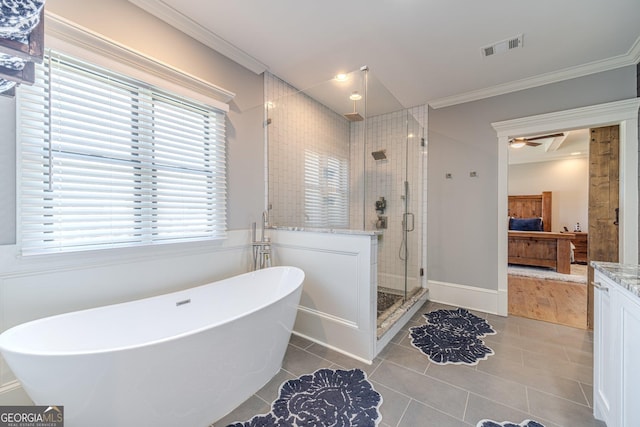 ensuite bathroom with visible vents, connected bathroom, a stall shower, and ornamental molding