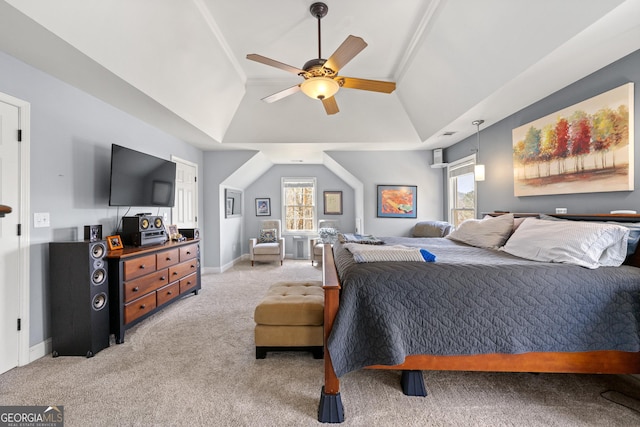 bedroom with visible vents, ceiling fan, baseboards, vaulted ceiling, and light carpet