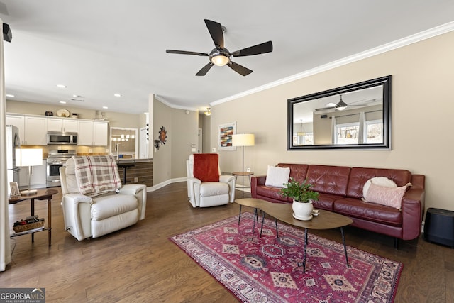 living area featuring crown molding, a ceiling fan, and dark wood-style flooring