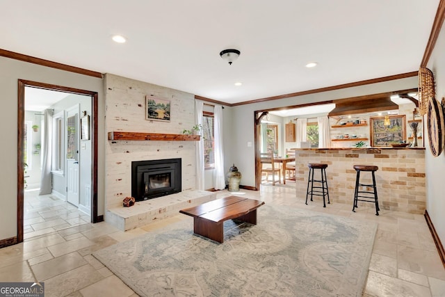 living area with baseboards, stone tile floors, and crown molding