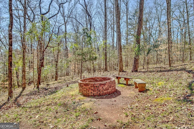 view of yard featuring an outdoor fire pit and a view of trees