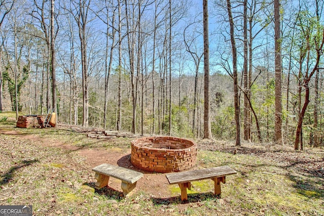 view of yard featuring a fire pit and a view of trees