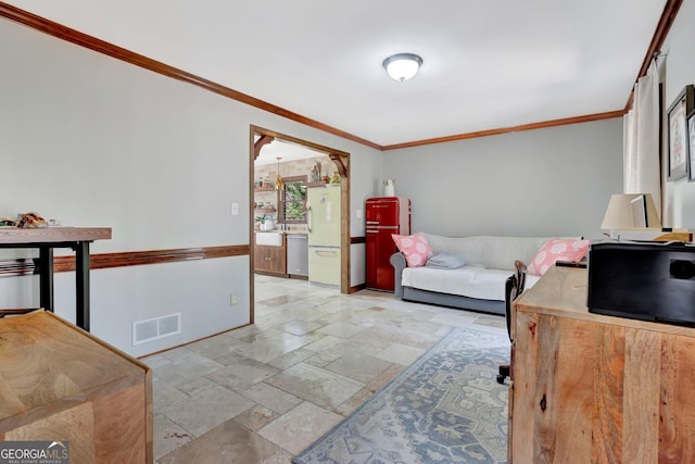 interior space with stone tile flooring, visible vents, and ornamental molding