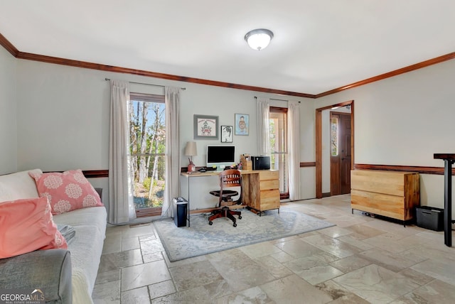 office featuring stone tile flooring and crown molding