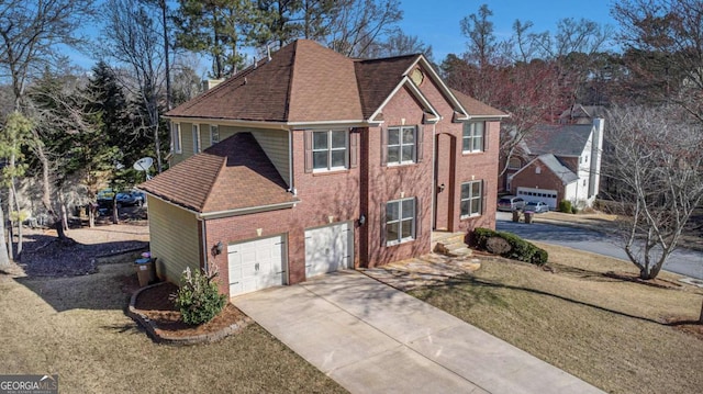 10950 Glenhurst Pass, Duluth, GA 30097 - view of property exterior with concrete driveway, brick siding, an attached garage, roof with shingles, and a lawn