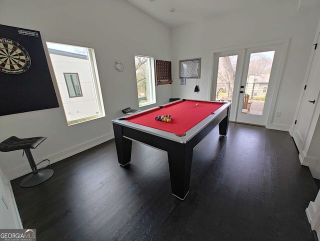 rec room featuring billiards, dark wood finished floors, french doors, baseboards, and lofted ceiling