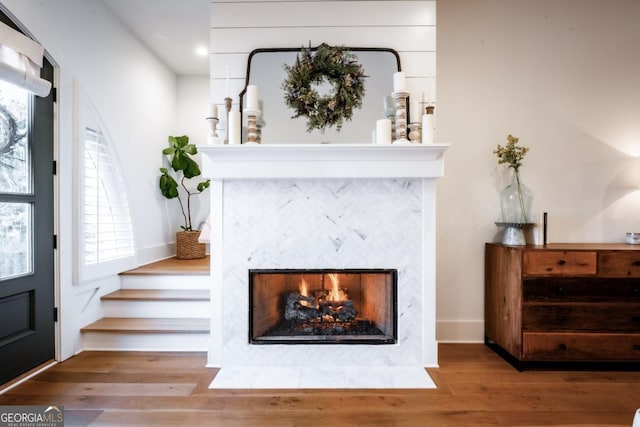 interior details featuring wood finished floors and a high end fireplace