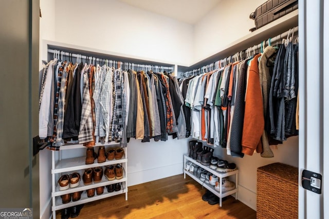 walk in closet with wood finished floors