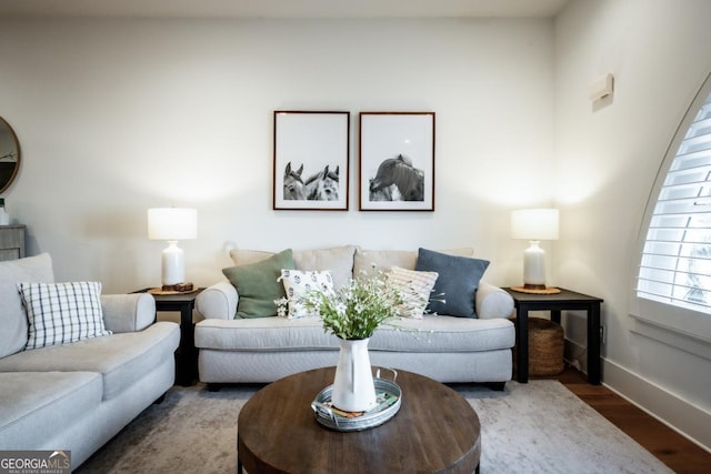 living room featuring wood finished floors and baseboards