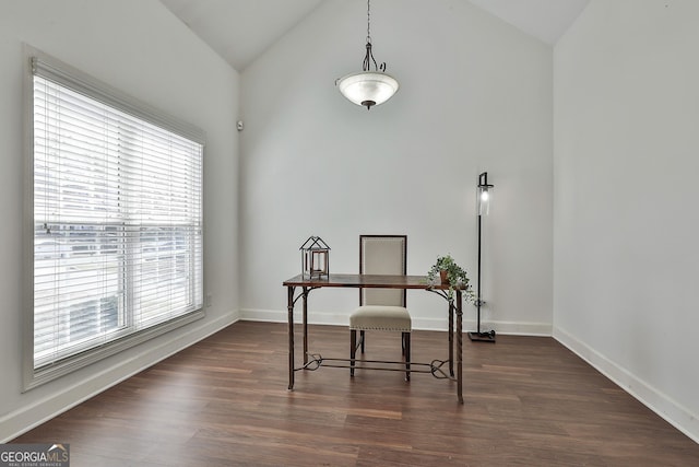 41 Eastlake Lndg, Newnan, GA 30265 - office area featuring healthy amount of natural light, dark wood finished floors, and high vaulted ceiling