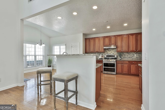 41 Eastlake Lndg, Newnan, GA 30265 - kitchen with double oven range, under cabinet range hood, a textured ceiling, a kitchen bar, and light wood finished floors
