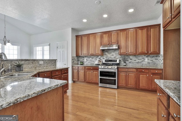 41 Eastlake Lndg, Newnan, GA 30265 - kitchen featuring range with two ovens, under cabinet range hood, lofted ceiling, a textured ceiling, and backsplash