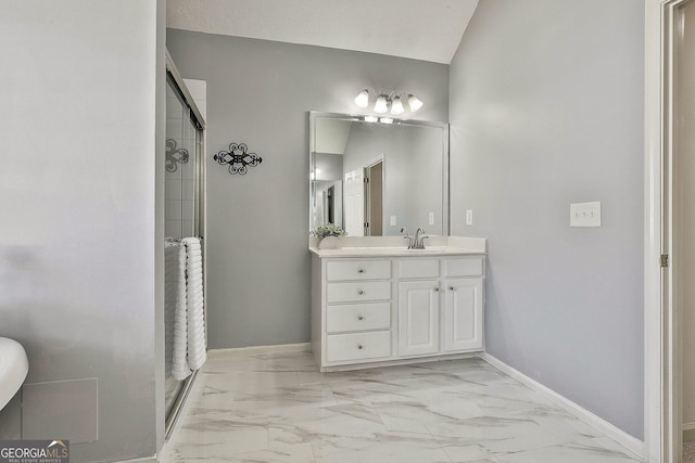 41 Eastlake Lndg, Newnan, GA 30265 - full bath featuring marble finish flooring, a shower stall, and vanity