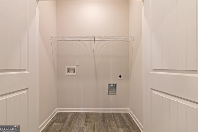 clothes washing area with hookup for a washing machine, baseboards, dark wood-style flooring, and hookup for an electric dryer