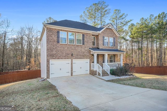 view of front of house featuring fence, driveway, an attached garage, covered porch, and brick siding