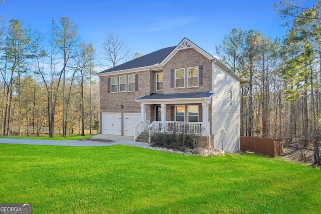 traditional-style house featuring driveway, covered porch, an attached garage, a front yard, and brick siding