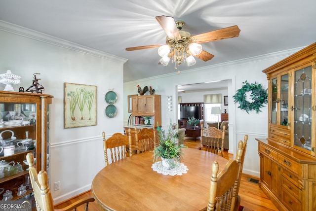 1650 Pierce Dairy Rd, Madison, GA 30650 - dining room featuring light wood-style floors, ceiling fan, ornamental molding, and visible vents