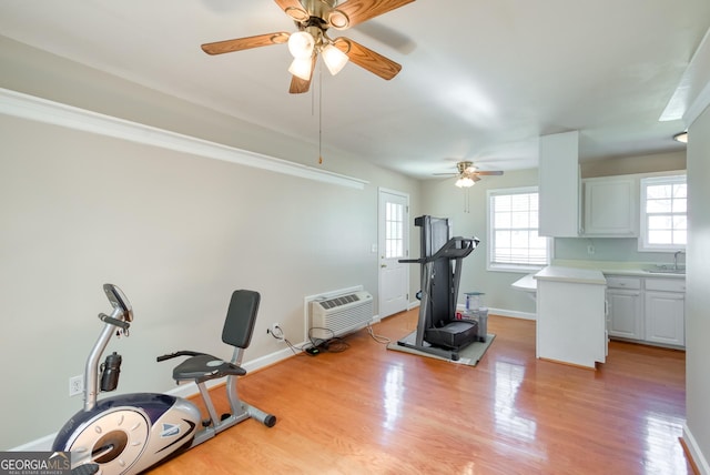 1650 Pierce Dairy Rd, Madison, GA 30650 - exercise room featuring a wall unit AC, ceiling fan, a sink, and a wealth of natural light