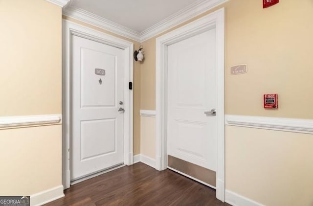 interior space with baseboards, dark wood-style flooring, and ornamental molding