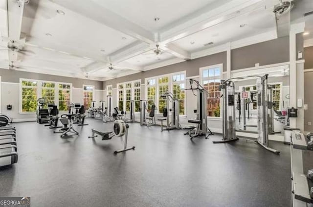 exercise room with a healthy amount of sunlight, coffered ceiling, and ceiling fan