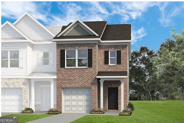 view of property with driveway, a front lawn, roof with shingles, an attached garage, and brick siding