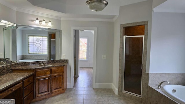 838 Natchez Valley Trce NE, Grayson, GA 30017 - full bath featuring a shower stall, ornamental molding, a garden tub, tile patterned flooring, and vanity