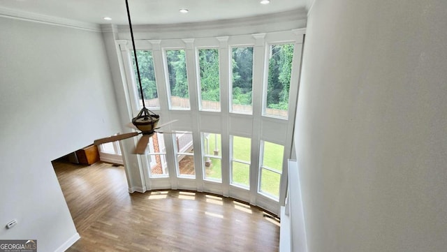 838 Natchez Valley Trce NE, Grayson, GA 30017 - unfurnished living room with crown molding, wood finished floors, a ceiling fan, and recessed lighting