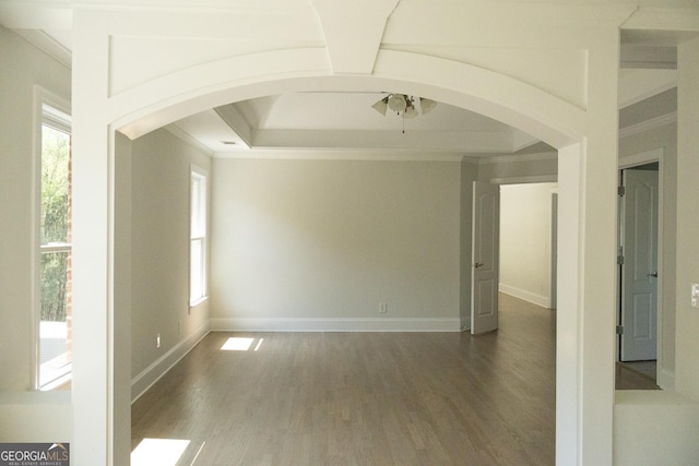 838 Natchez Valley Trce NE, Grayson, GA 30017 - spare room with arched walkways, ornamental molding, wood finished floors, and a ceiling fan