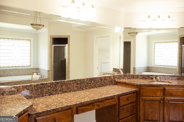 838 Natchez Valley Trce NE, Grayson, GA 30017 - bathroom with a shower stall, vanity, a garden tub, and crown molding