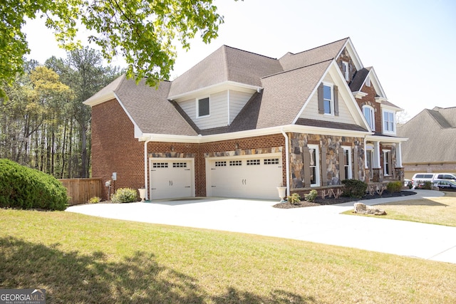 838 Natchez Valley Trce NE, Grayson, GA 30017 - view of front of home featuring driveway, an attached garage, a shingled roof, brick siding, and stone siding