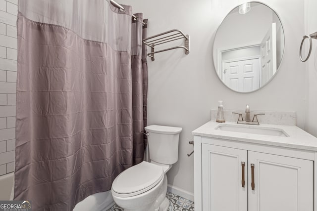 full bathroom featuring vanity, shower / tub combo, toilet, and baseboards