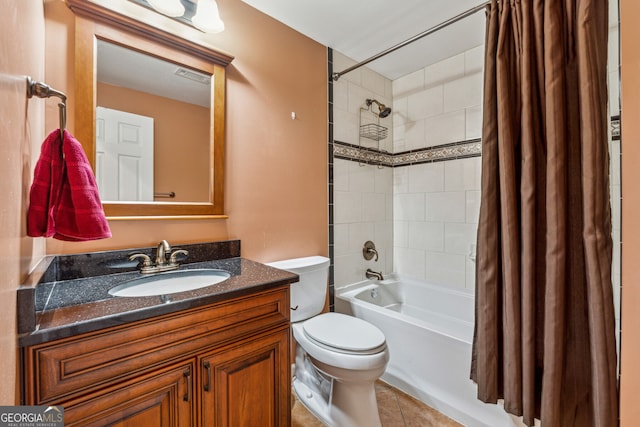 bathroom featuring visible vents, toilet, shower / bath combo with shower curtain, and vanity