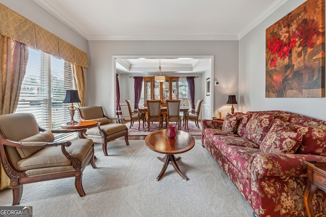 carpeted living area featuring a raised ceiling and ornamental molding