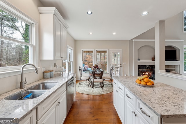 kitchen with a sink, stainless steel dishwasher, dark wood-style floors, white cabinets, and a premium fireplace