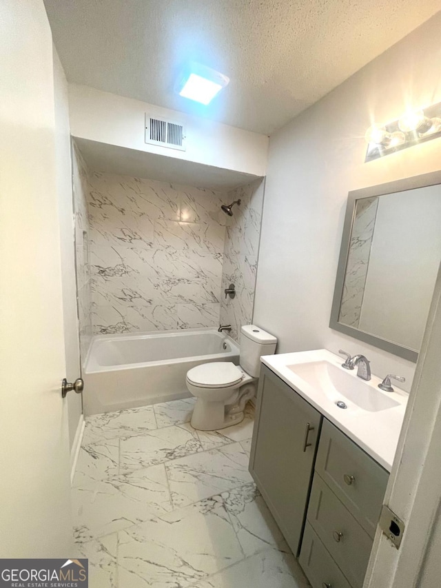 full bathroom with visible vents, toilet, vanity, tub / shower combination, and a textured ceiling