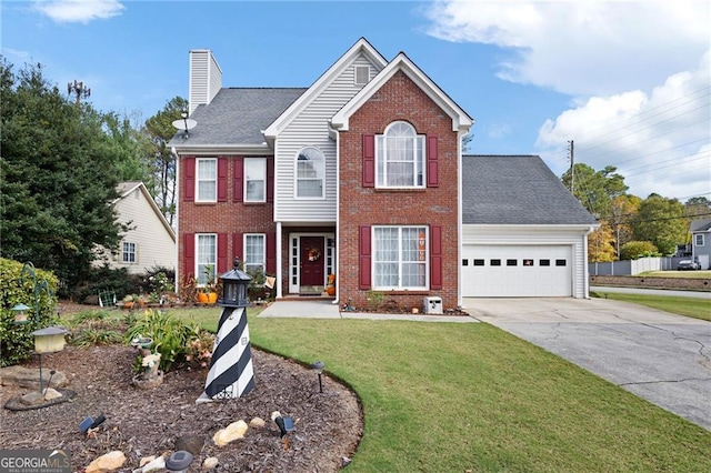 colonial house featuring a chimney, brick siding, an attached garage, and driveway