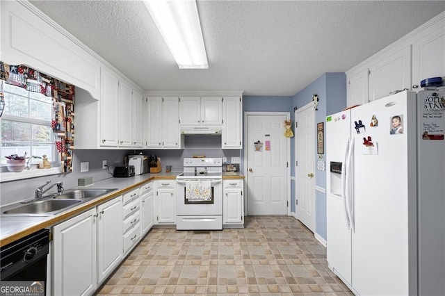 2000 Spicers Ln, Woodstock, GA 30189 - kitchen featuring under cabinet range hood, white appliances, white cabinetry, and a sink