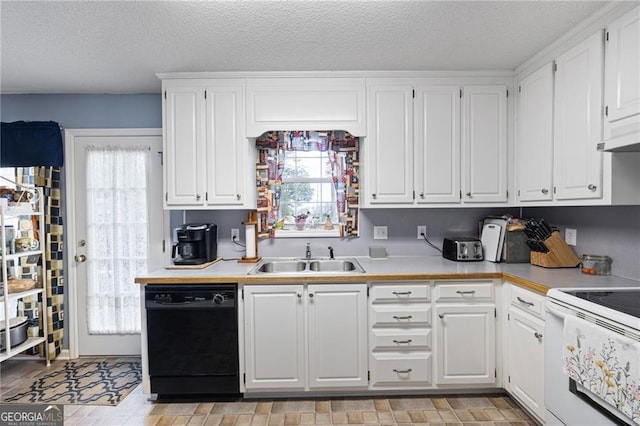 2000 Spicers Ln, Woodstock, GA 30189 - kitchen with dishwasher, white cabinetry, white range with electric stovetop, and a sink