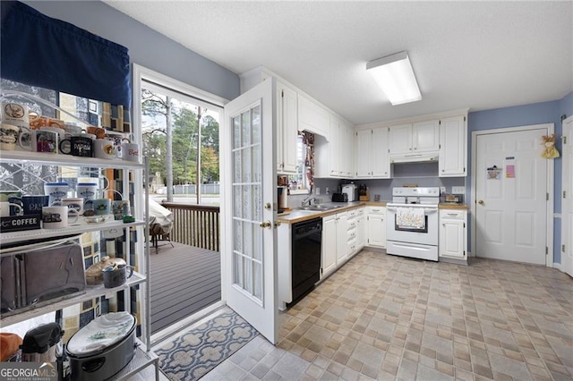 2000 Spicers Ln, Woodstock, GA 30189 - kitchen with under cabinet range hood, white electric range oven, white cabinets, light countertops, and dishwasher