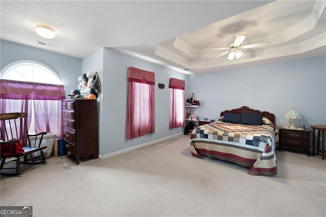 2000 Spicers Ln, Woodstock, GA 30189 - bedroom with carpet, baseboards, visible vents, a textured ceiling, and a raised ceiling