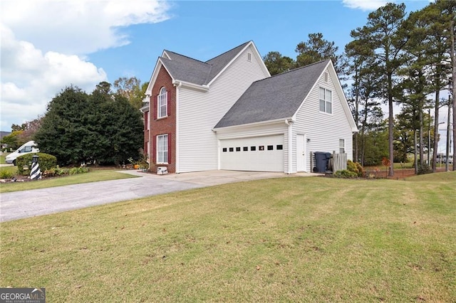 2000 Spicers Ln, Woodstock, GA 30189 - view of side of home with a lawn, driveway, cooling unit, an attached garage, and brick siding